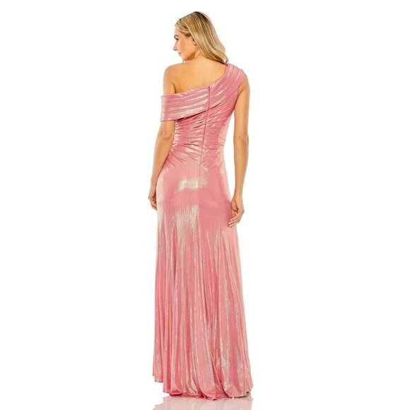 MAC DUGGAL Size 10 Pink 27152 OFF THE SHOULDER RUCHED WAIST SLIT METALLIC GOWN - Picture 2 of 11